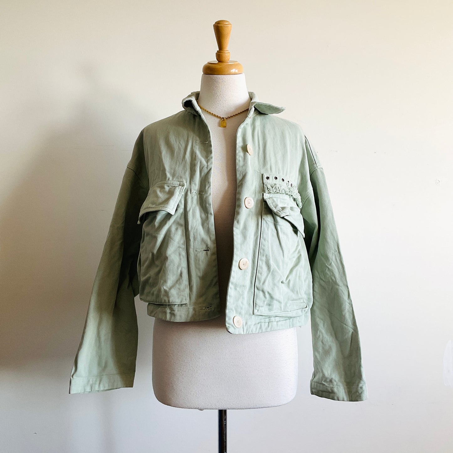 Zara Green Tea Denim Cropped Jacket