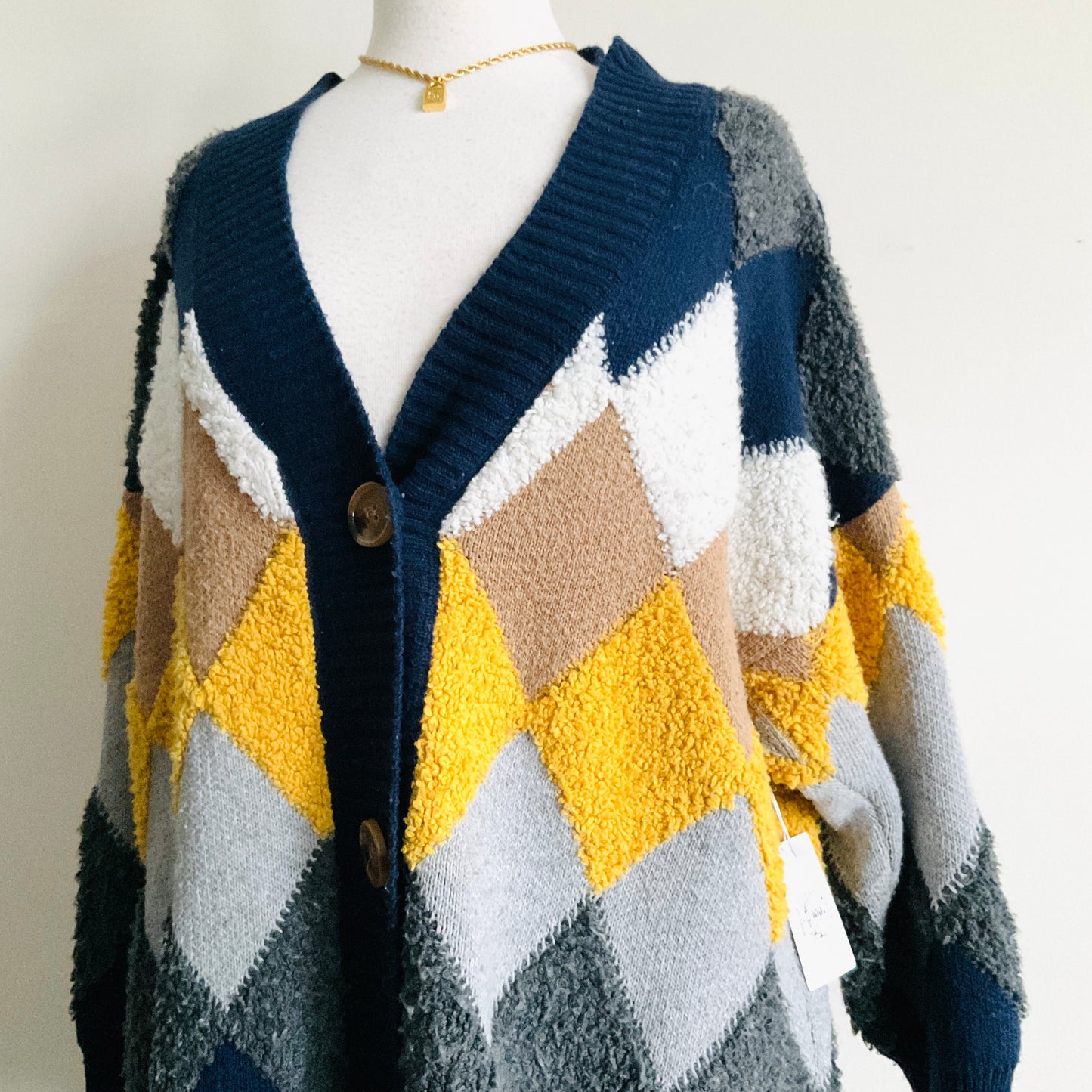 London Argyle Fuzzy Knit Cardigan