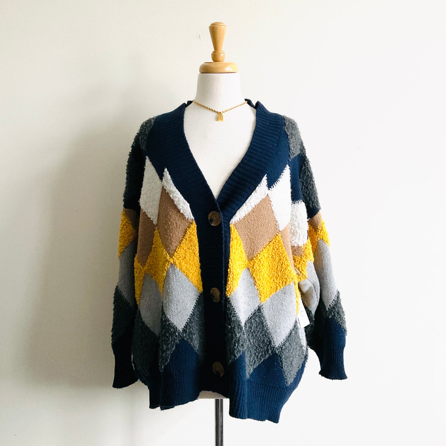 London Argyle Fuzzy Knit Cardigan