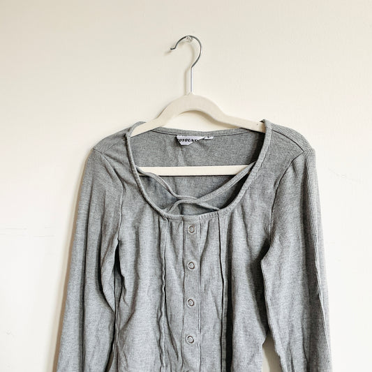 Grey Knit Ribbed Button-up Longsleeve