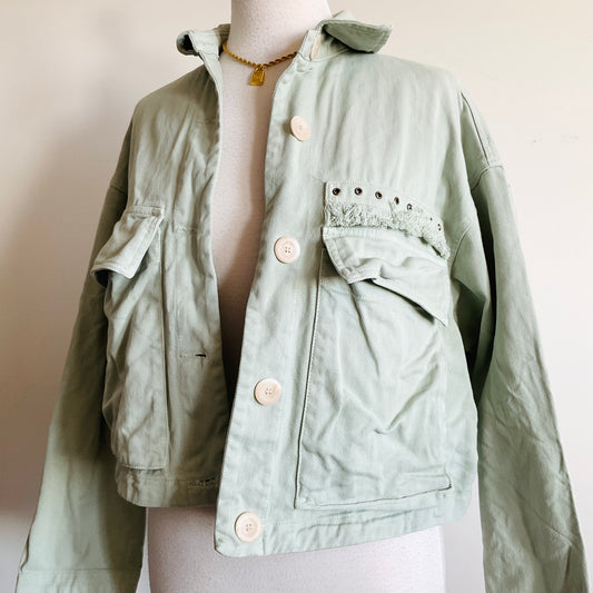 Zara Green Tea Denim Cropped Jacket