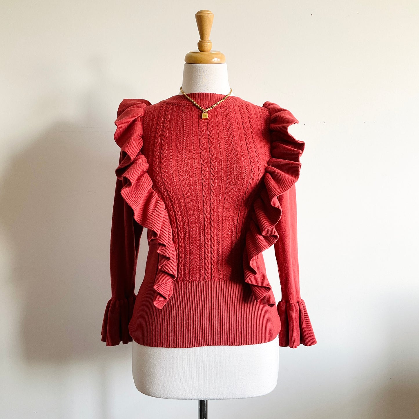 Boutique Cable Knit Ruffle Sweater