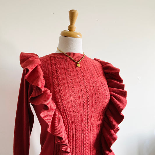 Boutique Cable Knit Ruffle Sweater